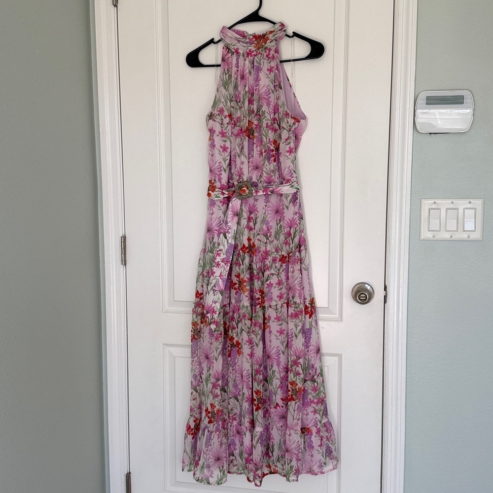TAYLOR printed chiffon belt buckle-waist maxi dress botanical iris Sz 10 NWOT
